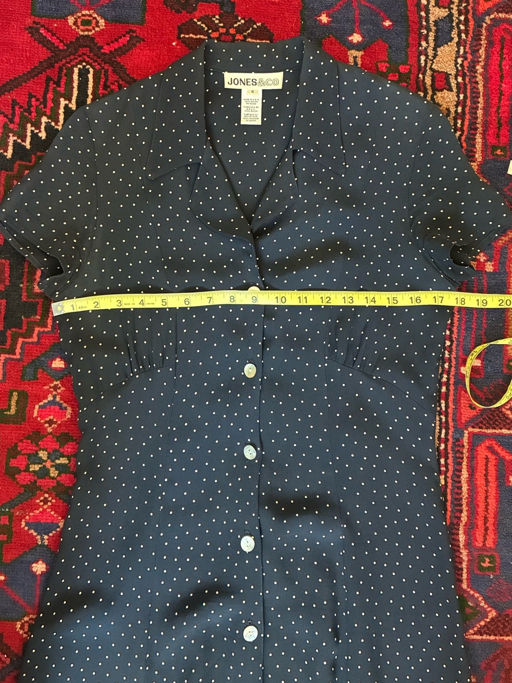 Vintage 90s Jones&Co Navy Polka Dot Midi Dress with back tie - Picture 6 of 13